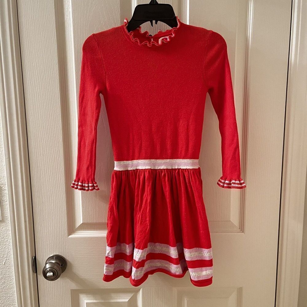 Mini Boden Long Sleeve Sweater Dress Striped Ruffle Neck Cuffs Girls Size 7-8